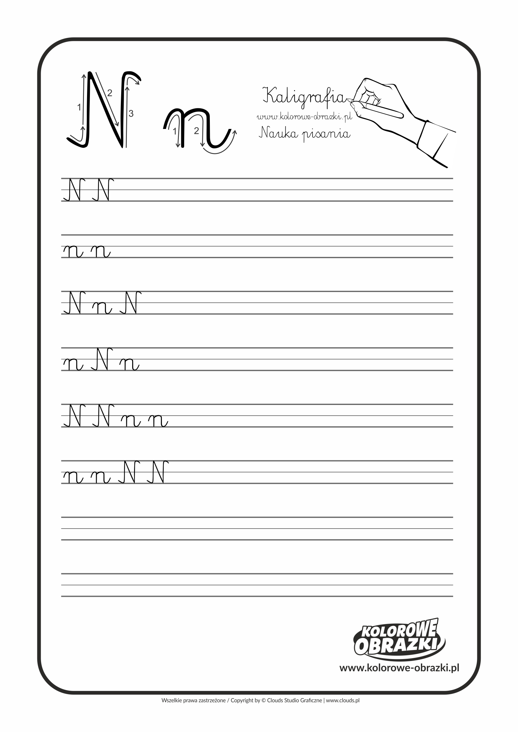 Kaligrafia dla dzieci - Ćwiczenia kaligraficzne / Litera N. Nauka pisania litery N